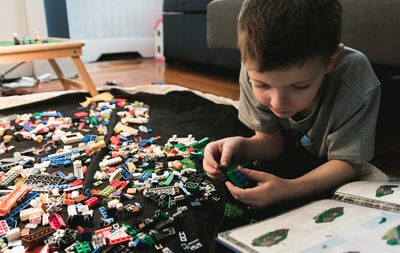 The boy in a gray collar T-shirt with white manual to play legos
